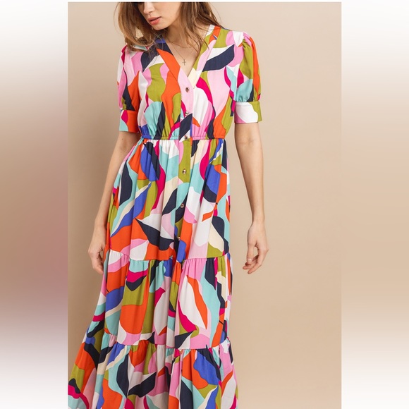 24 Beautiful Multi Color Tiered Button Down Maxi Dress - Picture 5 of 5